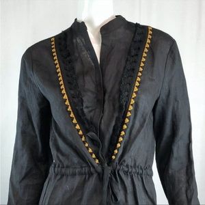 Zara Women's Small Linen V Neck Black Rick Rack Lace Tunic Mini Shirt Dress